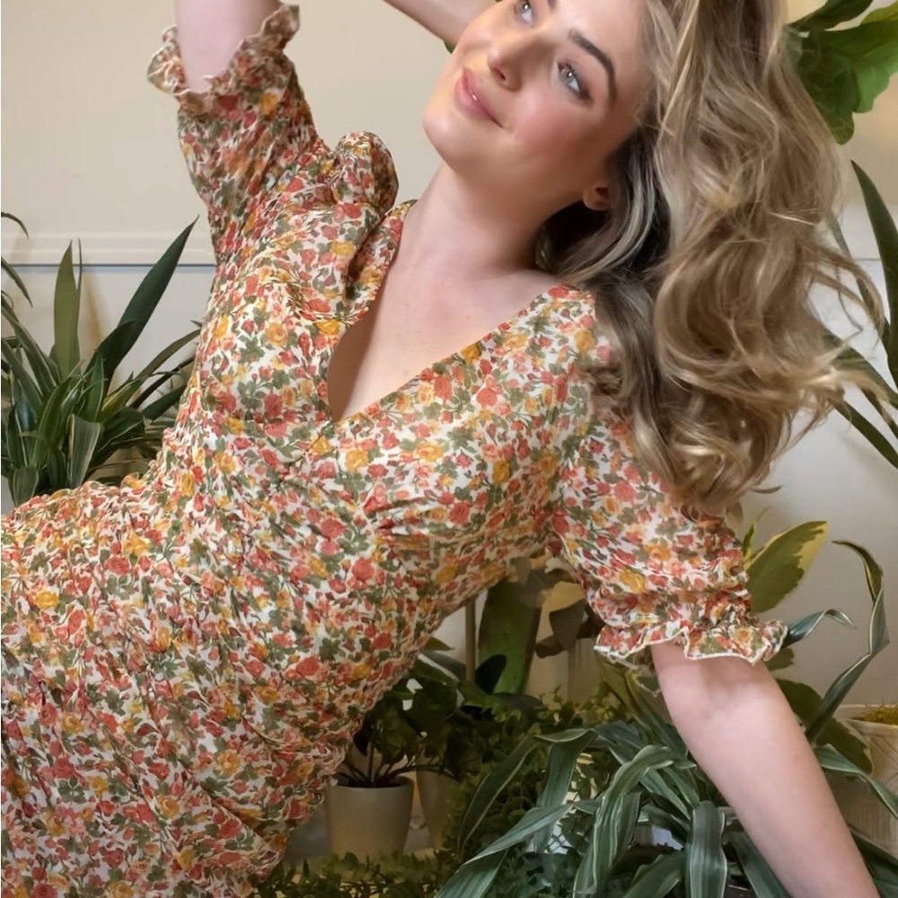 Floral Ruched Mini Dress - Pink, Orange & Green